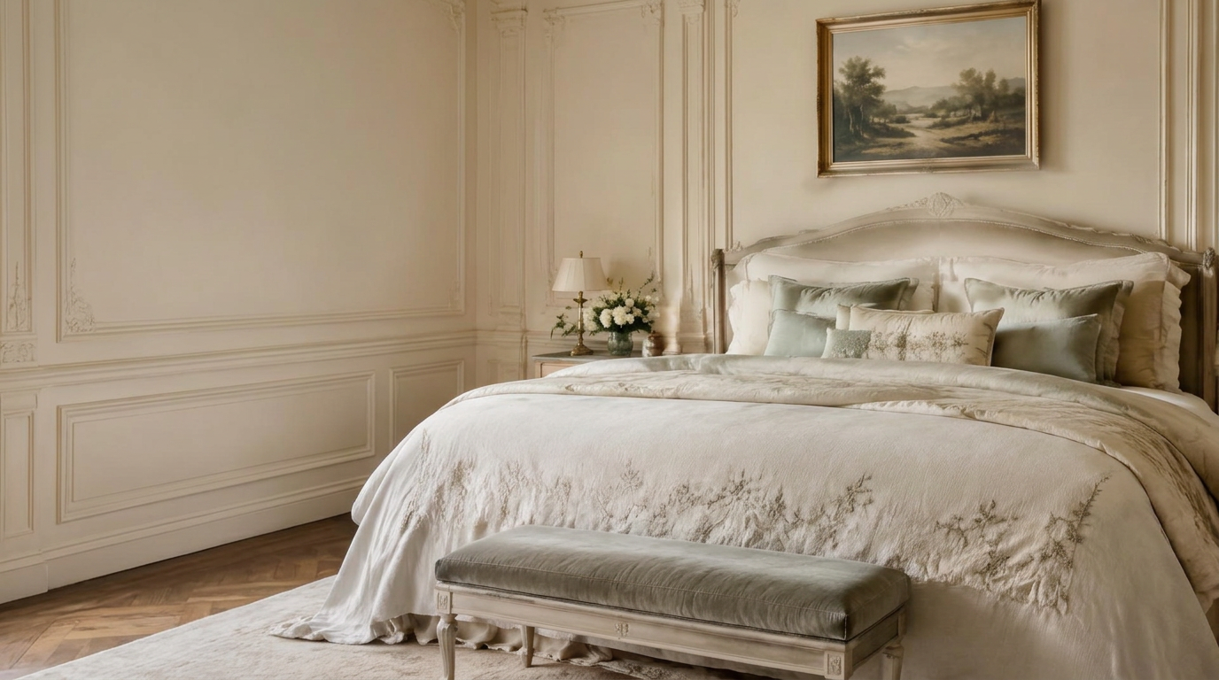 European linen bed with embroidered bedding in a bright French bedroom